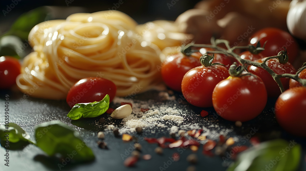 Italian food ingredients such as pasta, tomatoes, and spices laid out on a dark surface - Italian food ingredients such as pasta, tomatoes, and spices laid out on a dark surface -