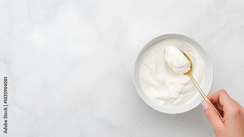 Female Hand Putting a Spoon of Yogurt – Healthy Eating and Culinary Preparation Female Hand Putting a Spoon of Yogurt – Healthy Eating and Culinary Preparation