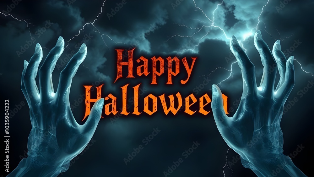 Ghostly Hands Halloween Banner with Stormy Sky and Jagged Lettering Ghostly Hands Halloween Banner with Stormy Sky and Jagged Lettering