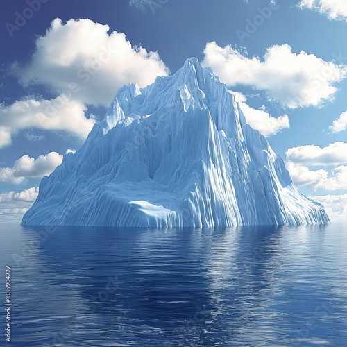 A large iceberg floats in the ocean, with blue skies and white clouds above. photo