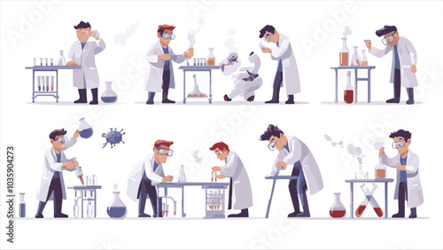 Scientists characters. Researchers people work in lab. Isolated doctors exploring virus and DNA. Chemists experimenting with test tubes in laboratory. Vector 