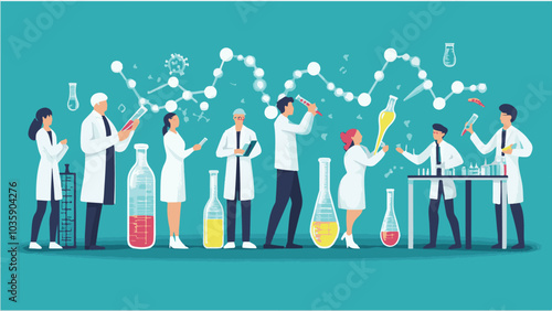 Scientists characters. Researchers people work in lab. Isolated doctors exploring virus and DNA. Chemists experimenting with test tubes in laboratory. Vector
