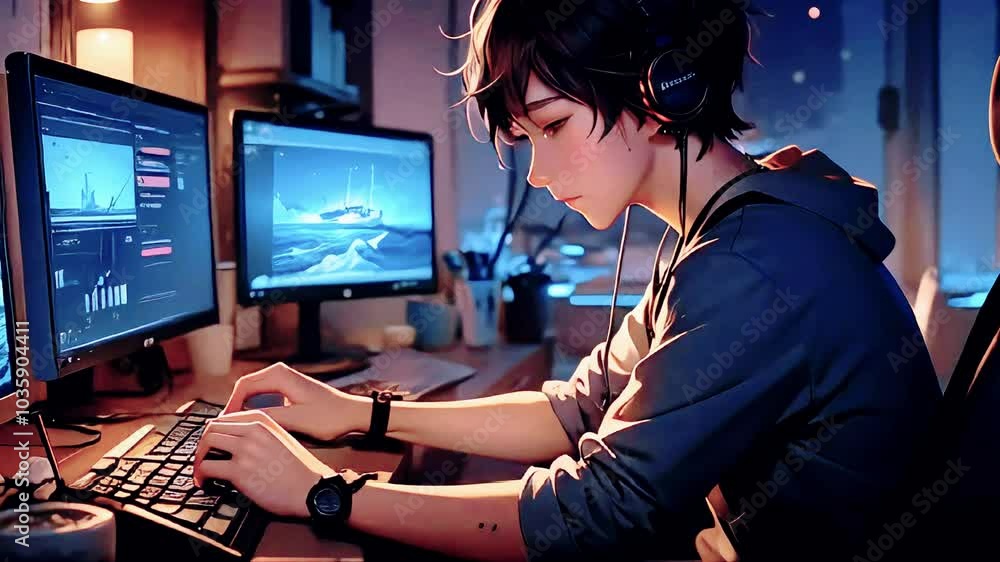 Lofi animation. Seamless loop. boy listening the music. Assets were ...