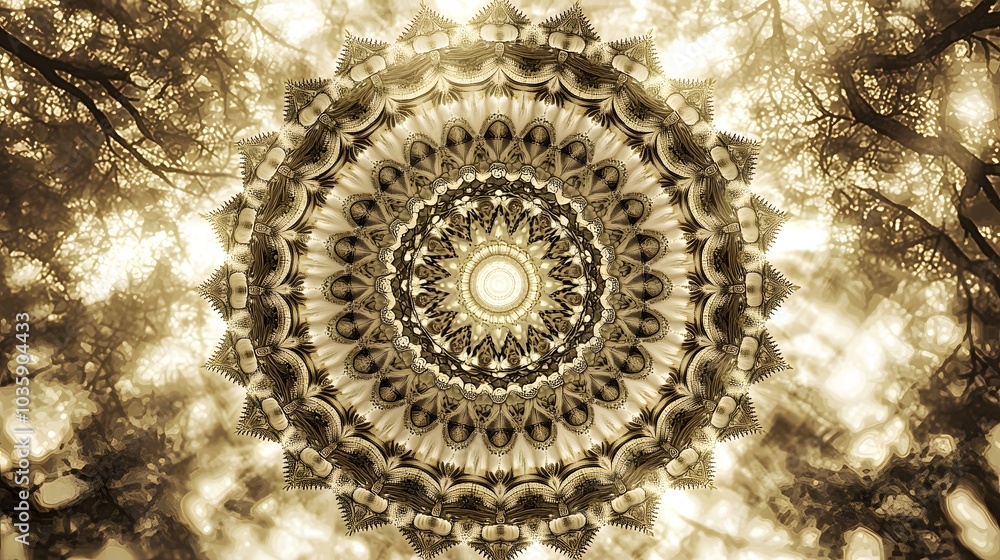 Intricate mandala pattern with golden forest background Intricate mandala pattern with golden forest background