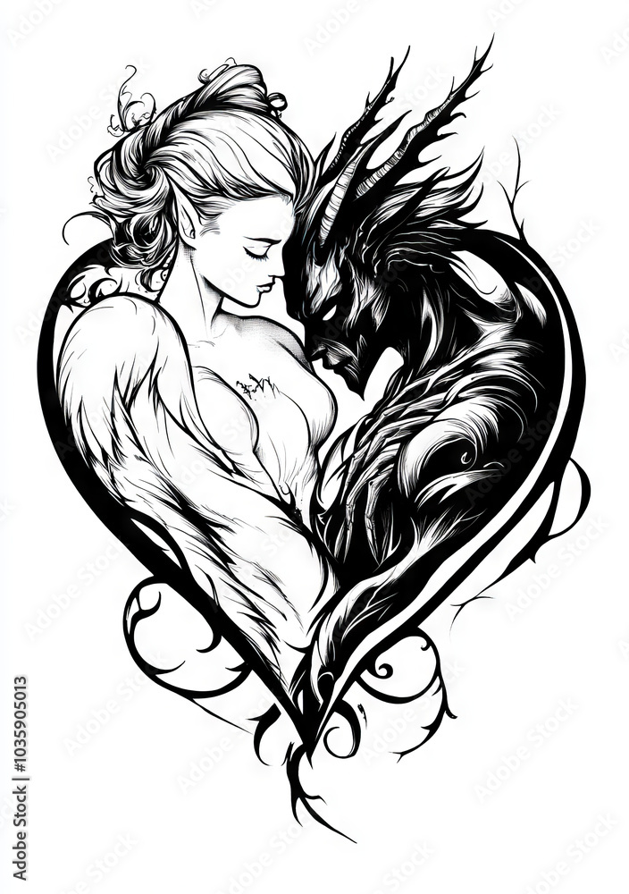 Fototapeta premium Love between angel and devil tattoo design