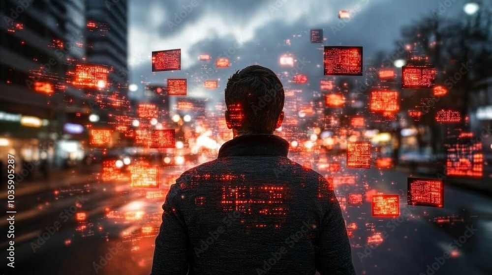 Man in City with Red Digital Data Blocks Man in City with Red Digital Data Blocks