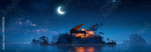 Night scene of a grand piano on a glowing island under a starry sky and crescent moon -