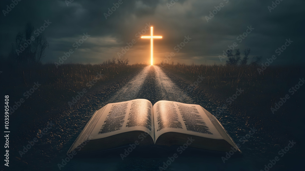 Open Bible on a road leading toward a glowing cross, symbolizing salvation and devotion - Open Bible on a road leading toward a glowing cross, symbolizing salvation and devotion -