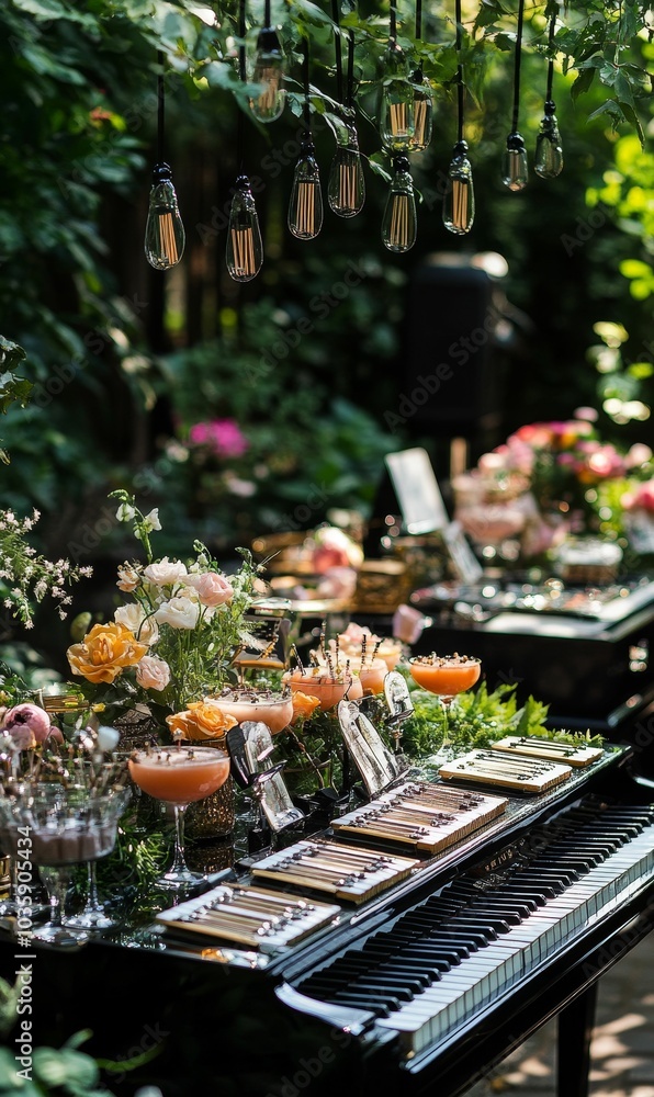 Fototapeta premium A piano with flowers and drinks in front.