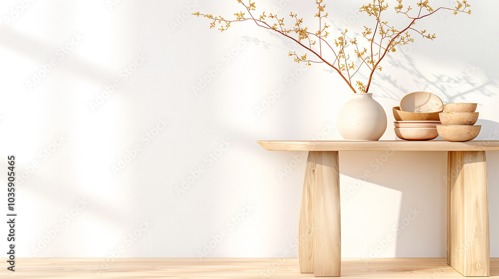 Wooden table with vase and bowls for elegant home decor and modern interior design Wooden table with vase and bowls for elegant home decor and modern interior design