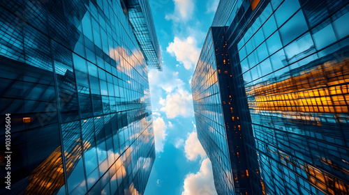 Perspective view looking up between two skyscrapers with reflective glass exteriors against a cloudy sky  -