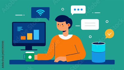 Voice Commands An individual with motor impairments uses a smart speaker to set their virtual assistant to manage tasks while a screen on their desk displays an online