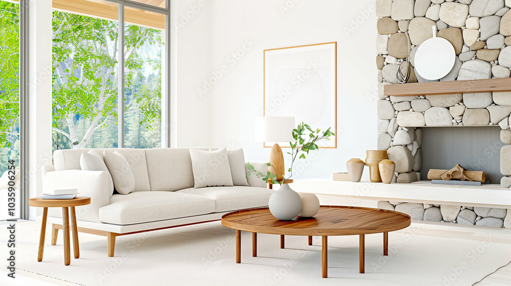Fototapeta premium Cozy living room with modern interior featuring a stone fireplace and stylish furniture