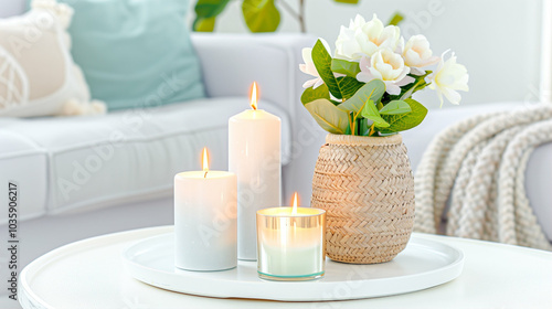 Candles and flowers in home decor arrangement for relaxation and tranquility