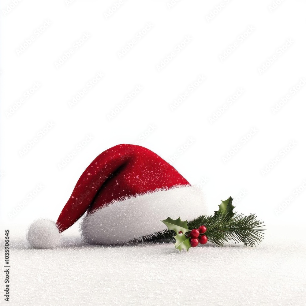A Santa hat clipart resting in snow with mistletoe attached, 3D illustration, festive red and white, isolated on white background A Santa hat clipart resting in snow with mistletoe attached, 3D illustration, festive red and white, isolated on white background