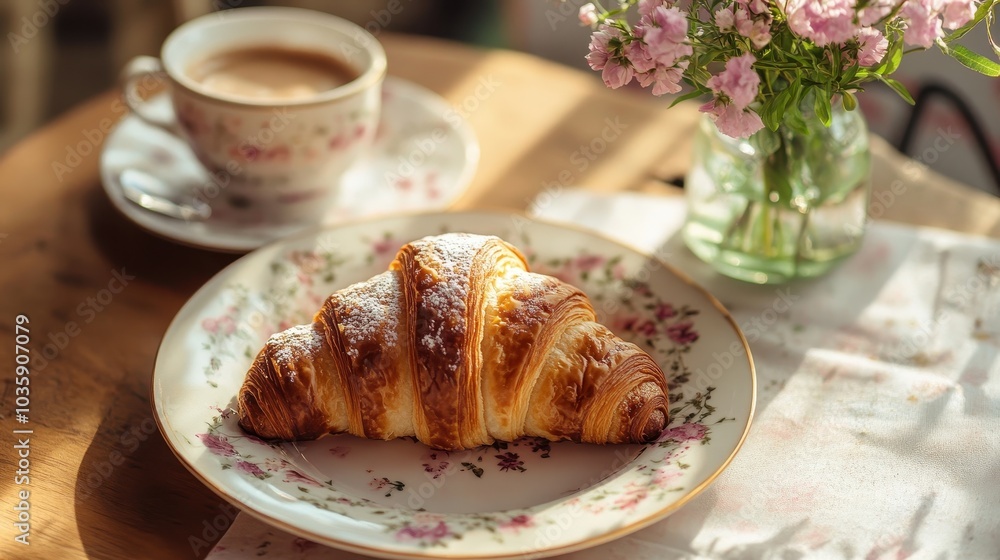 Fresh Croissant on Floral Plate with Coffee and Flowers