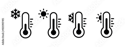 Hot and cold temperature vector icon set isolated on white background. Winter and summer weather thermometer with snowflake and sun symbols. Low and high temperature flat illustration collection.	