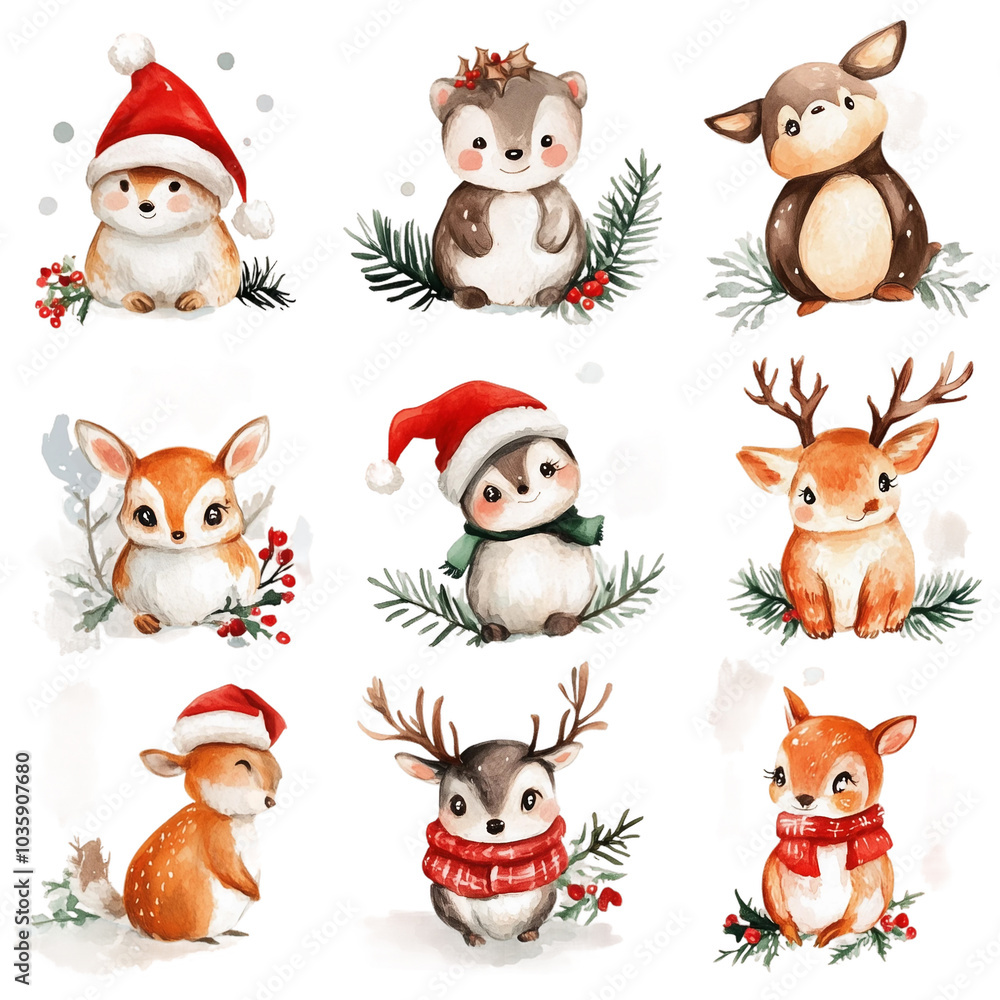 Christmas Clip art animals Santa Santa dear Santa hat and deer watercolor Illustration Background Christmas Clip art animals Santa Santa dear Santa hat and deer watercolor Illustration Background