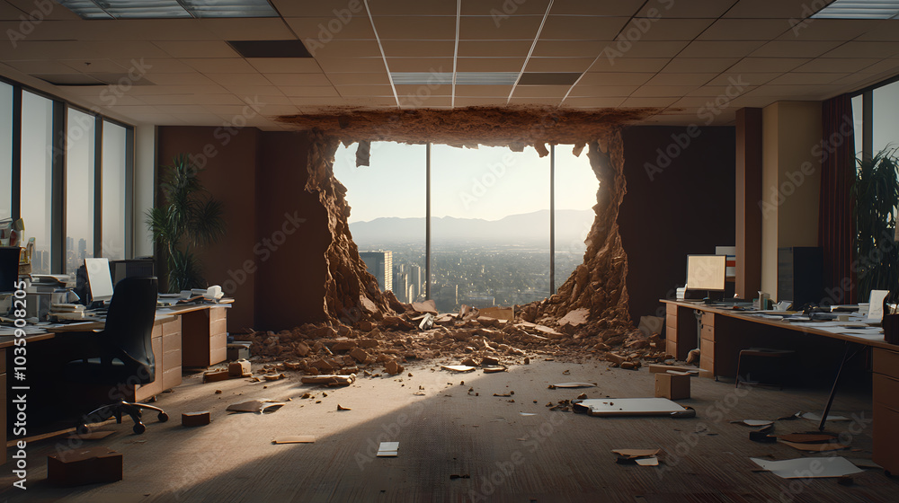 Obraz premium Office with a Giant Fissure in the Building – Structural Damage and Safety Concerns