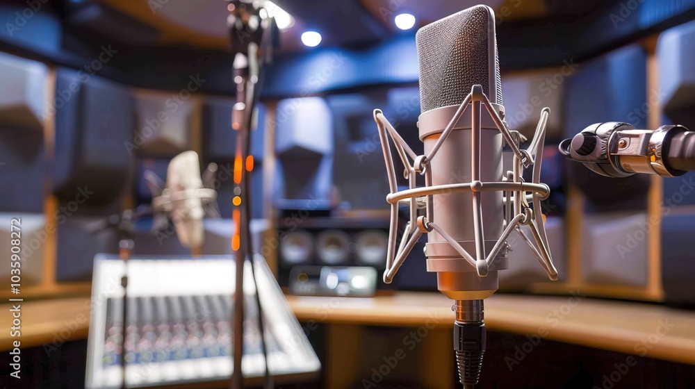 Close-up of microphone on stand in soundproof recording studio, positioned in front of script stand, symbolizing voice acting and audio production. Close-up of microphone on stand in soundproof recording studio, positioned in front of script stand, symbolizing voice acting and audio production.