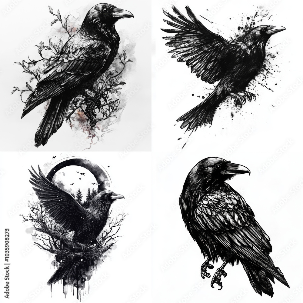 Fototapeta premium Crow on a branch tattoo design