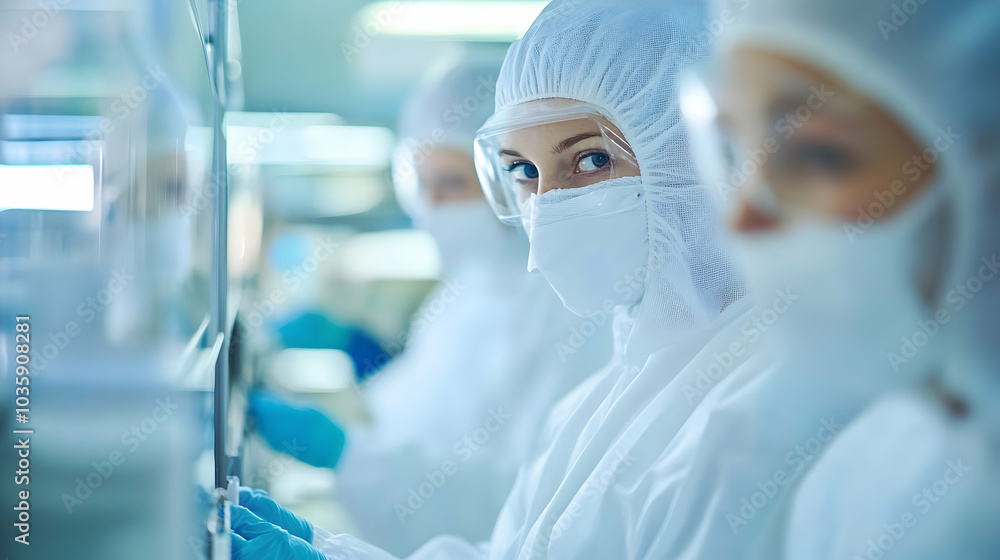 Workers in a pharmaceutical production line, ensuring quality control with protective gear - Workers in a pharmaceutical production line, ensuring quality control with protective gear -