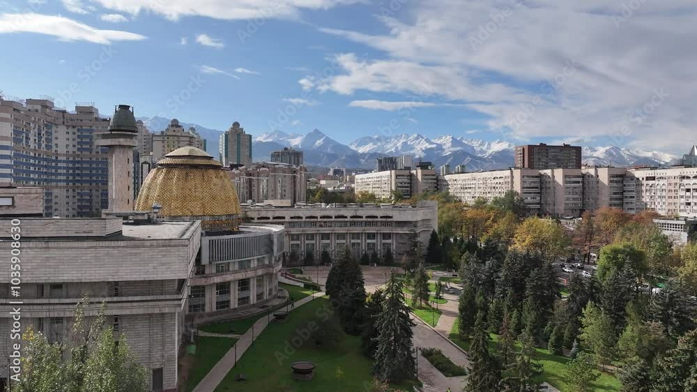 View from a quadcopier of the central part of the Kazakh city of Almaty on a sunny autumn morning View from a quadcopier of the central part of the Kazakh city of Almaty on a sunny autumn morning