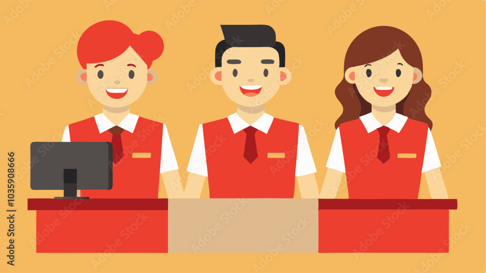The helpful staff behind the desk are dressed in matching uniforms and wear bright smiles as they assist customers. The helpful staff behind the desk are dressed in matching uniforms and wear bright smiles as they assist customers.