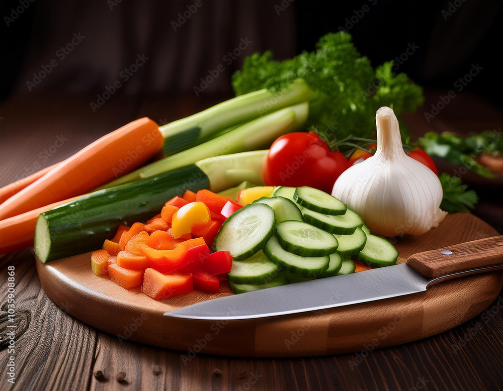 Verduras frescas picadas sobre una tabla de madera con un cuchillo de cocina Verduras frescas picadas sobre una tabla de madera con un cuchillo de cocina