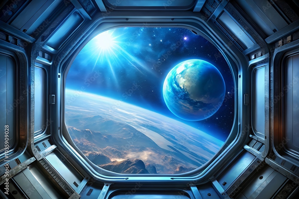 View of planet from spaceship window in outer space. Scifi adventure View of planet from spaceship window in outer space. Scifi adventure