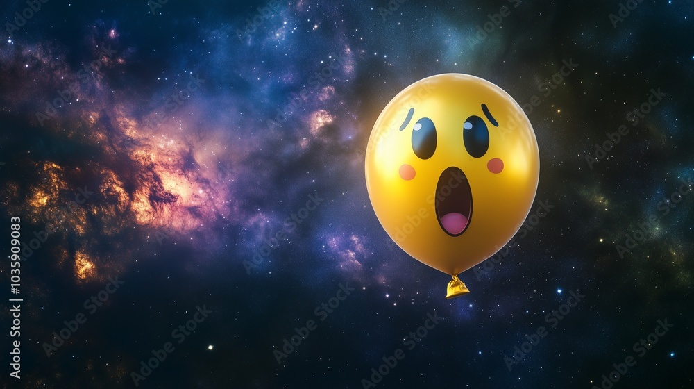 A shocked emoji balloon floating in front of a space-inspired galaxy background. A shocked emoji balloon floating in front of a space-inspired galaxy background.