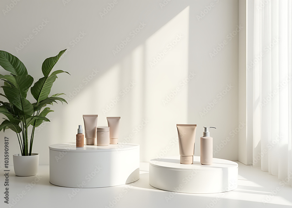 Small white podium displays products under a plant and curtain. Small white podium displays products under a plant and curtain.