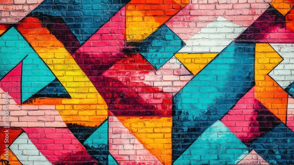 A vibrant and colorful geometric mural painted on a brick wall, featuring bright hues of pink, orange, yellow, blue, and red. A vibrant and colorful geometric mural painted on a brick wall, featuring bright hues of pink, orange, yellow, blue, and red.