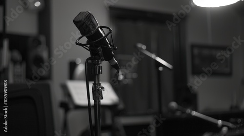 Close-up of microphone on stand in soundproof recording studio, positioned in front of script stand, symbolizing voice acting and audio production.