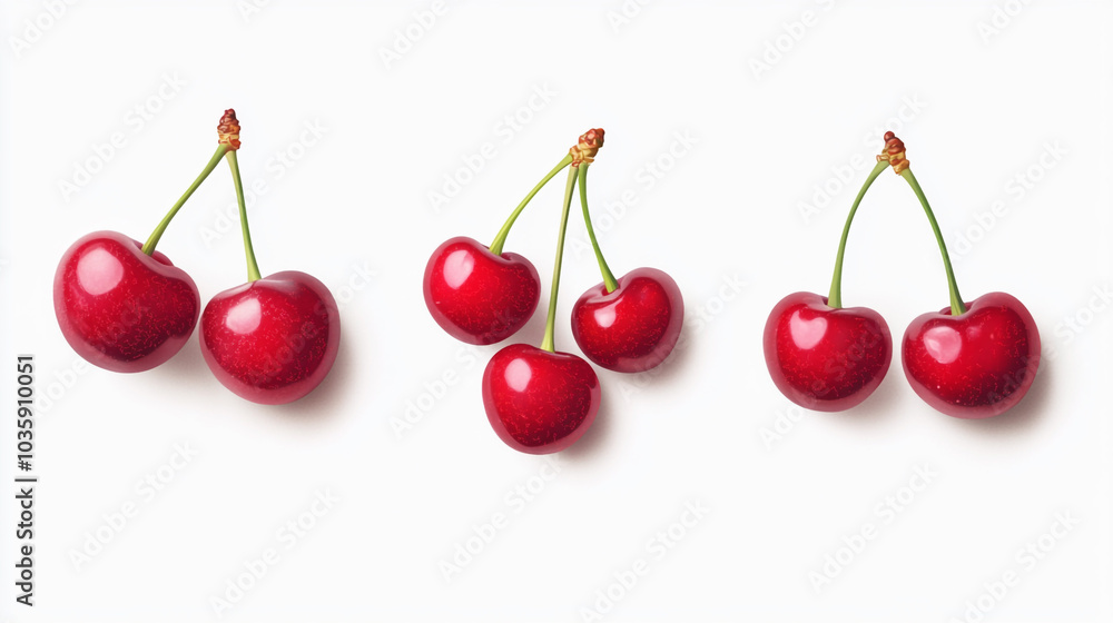 Fresh Red Cherries on White Background Fruit Summer Sweet Healthy Food Dessert Fresh Red Cherries on White Background Fruit Summer Sweet Healthy Food Dessert