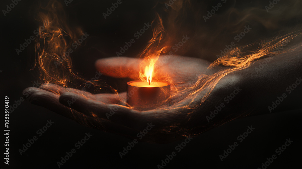Burning candle in hand, created with Generative AI technology. Burning candle in hand, created with Generative AI technology.