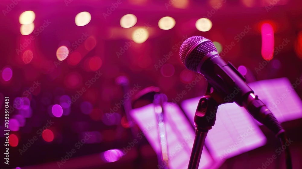 Obraz premium Close-up of microphone on stand in soundproof recording studio, positioned in front of script stand, symbolizing voice acting and audio production.
