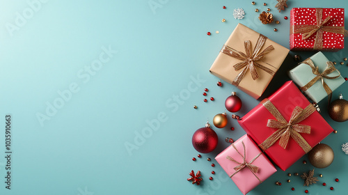 Colorful Christmas gifts wrapped with ribbons, surrounded by festive decorations and ornaments on a light blue background.