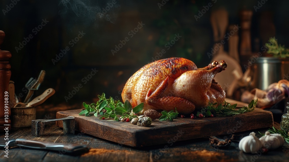 Golden Roast Turkey on Rustic Wooden Board Golden Roast Turkey on Rustic Wooden Board