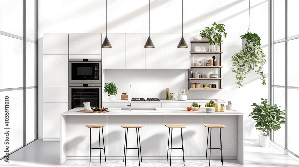 Stylish modern kitchen, interior design element, realistic sketch, neutral tones, isolated on white background Stylish modern kitchen, interior design element, realistic sketch, neutral tones, isolated on white background