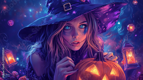 Halloween theme witch women a with witch’s hat holding a pumpkin surrounded by candy and lanterns, , halloween background with stars , cartoon style, bright colors, blacklight color scheme , colorful 