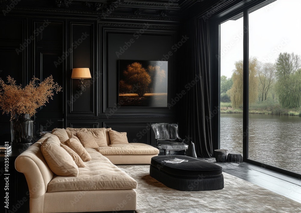 Fototapeta premium Luxurious black and beige living room with a lake view, featuring elegant decor and cozy ambiance.