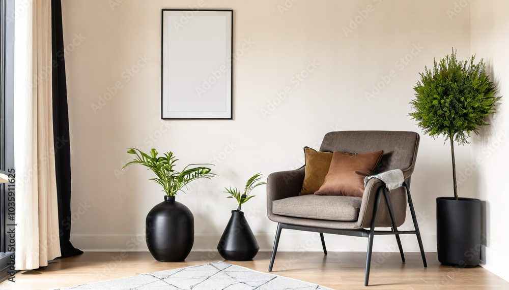 Fototapeta premium A stylish reading nook featuring a cozy armchair with a brown pillow, a framed mockup for artwork on the wall. Modern design
