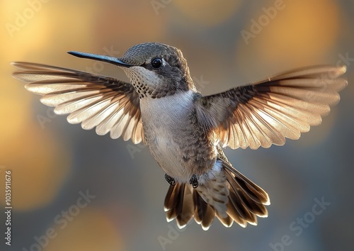 Stunning close-up of a hummingbird in flight against a golden bokeh background.