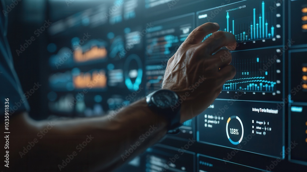 Hand Interacting with Digital Data Dashboard Hand Interacting with Digital Data Dashboard
