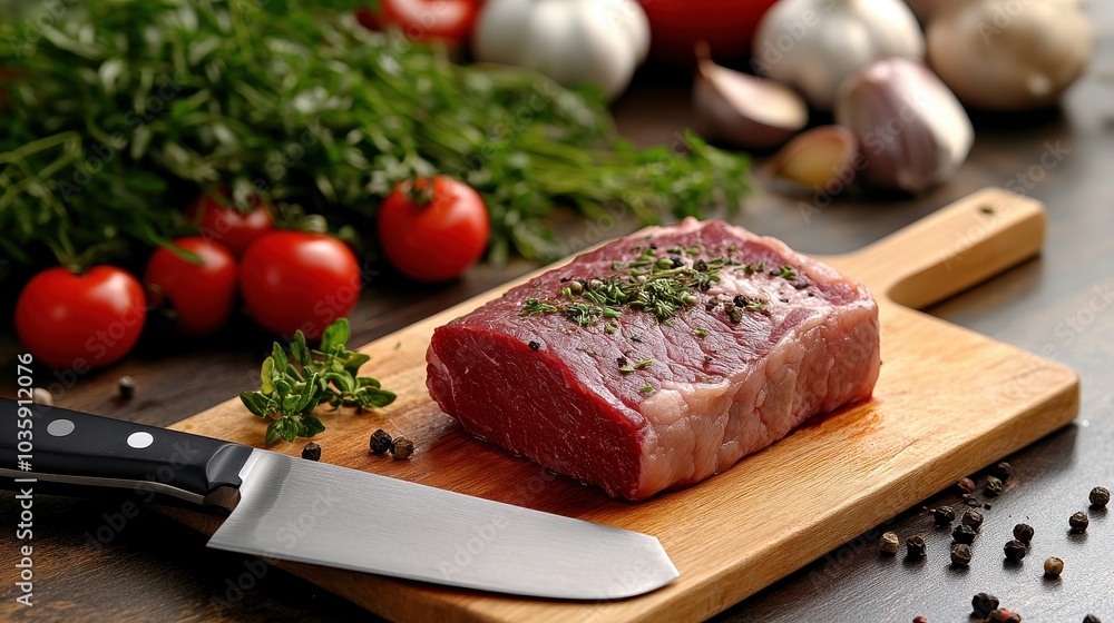 Fresh Raw Meat on Cutting Board with Vegetables Fresh Raw Meat on Cutting Board with Vegetables