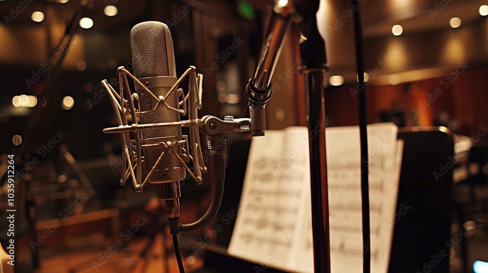 Close-up of microphone on stand in soundproof recording studio, positioned in front of script stand, symbolizing voice acting and audio production. Close-up of microphone on stand in soundproof recording studio, positioned in front of script stand, symbolizing voice acting and audio production.
