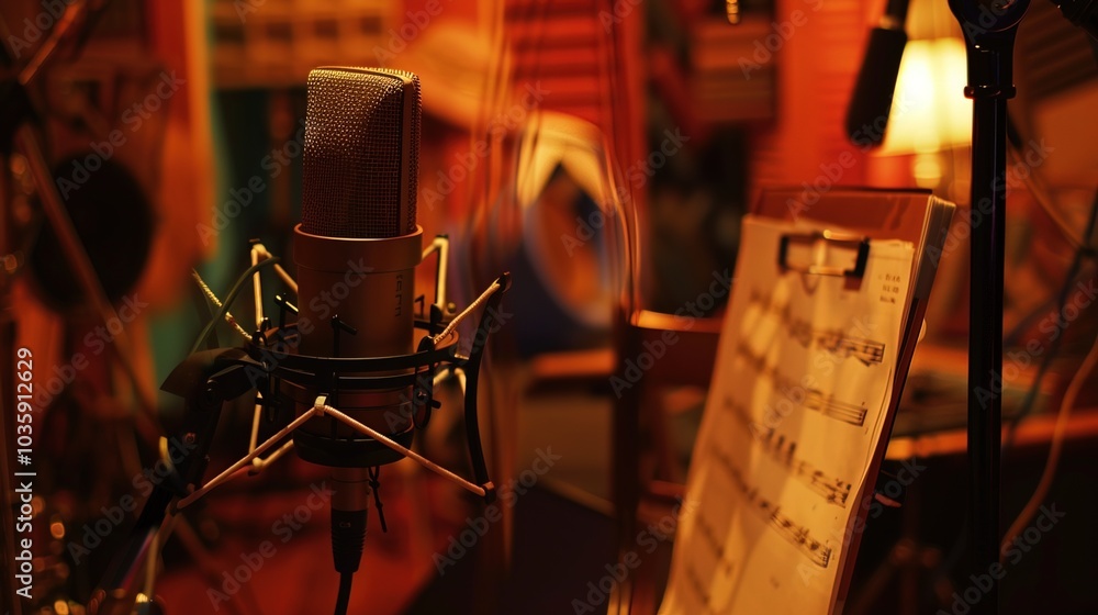 Close-up of microphone on stand in soundproof recording studio, positioned in front of script stand, symbolizing voice acting and audio production. Close-up of microphone on stand in soundproof recording studio, positioned in front of script stand, symbolizing voice acting and audio production.