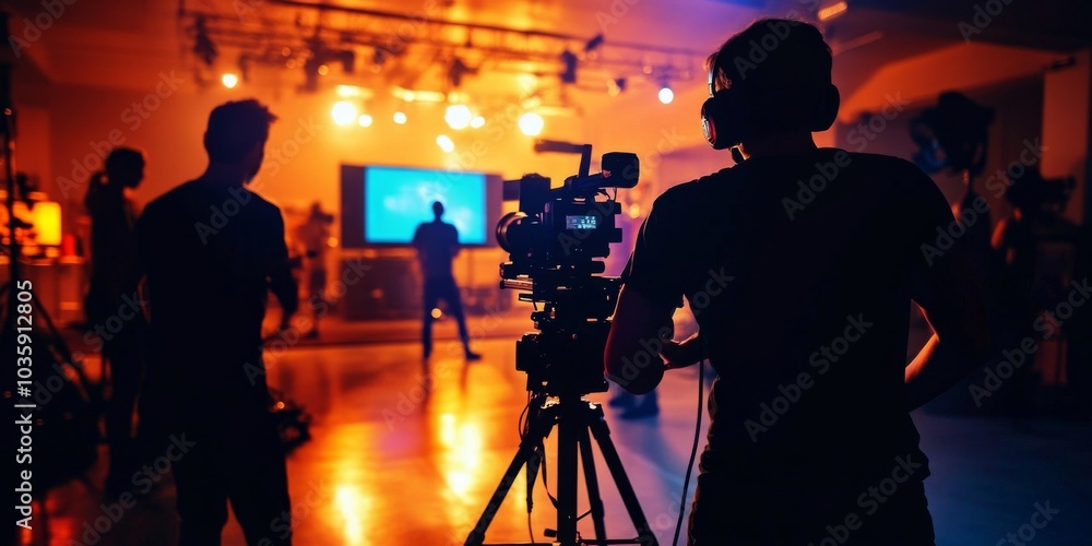 Fototapeta premium Dynamic Studio Setting Featuring Film Crew Silhouettes