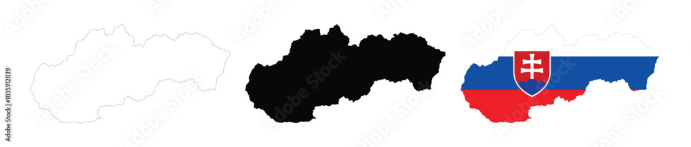 Obraz premium Slovakia map in various style outline, icon, black color, border, flag colors. Europe country icons collection. Vector illustration